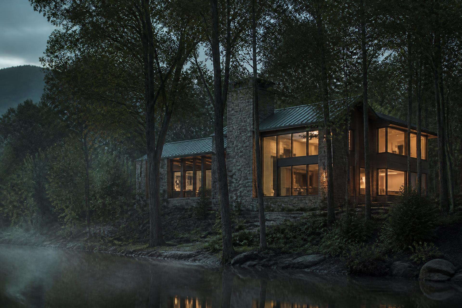 A stone and timber residence at dusk on a wooded Upstate South Carolina shoreline